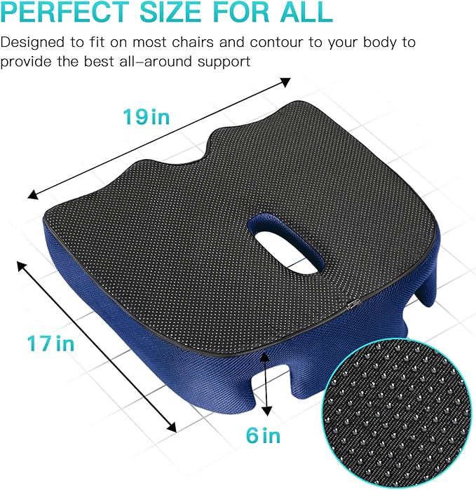 Benazcap X Large Memory Seat Cushion for Office Chair Sciatica & Back Pain Relief Memory Foam Firm Coccyx Pad for Car, Wheelchair, Gaming Chair and Desk Chair, Blue