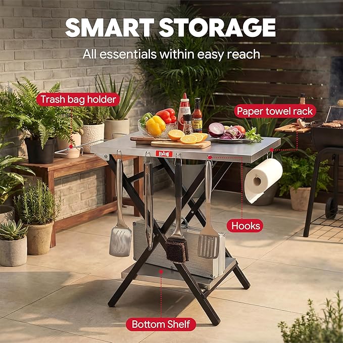 Feasto Outdoor Grill Table, Foldable Pizza Oven Stand & Griddle Stand with Garage Rack & Tissue Holder, Folding Outdoor Prep Table for Gathering and Party, 30" x 24", Stainless Steel