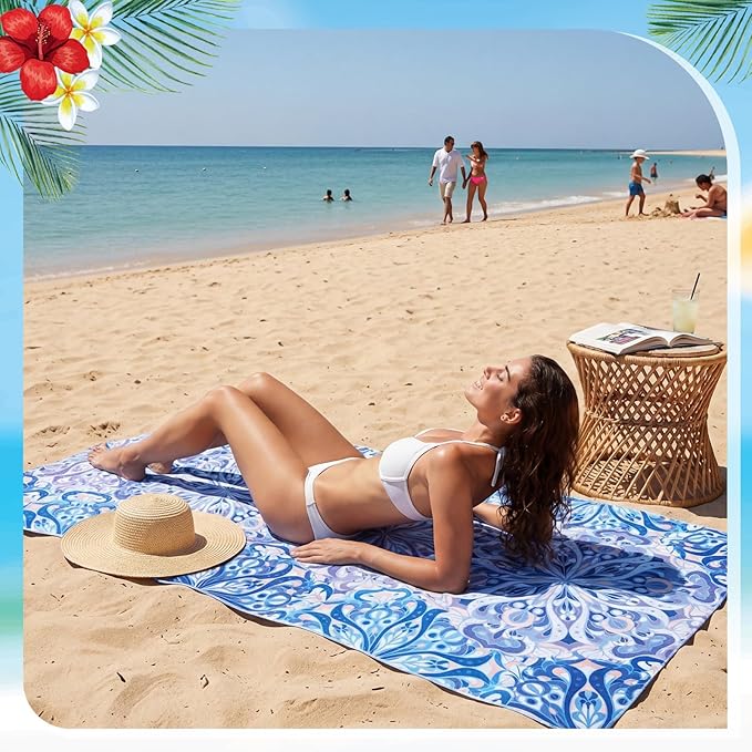 EBOOT 10 Pack Oversized Beach Towel Set Extra Large Pool Towels Microfiber Quick Dry Swim Blanket for Adult Women Men Face Hand Body Bath Travel Pool(Ocean Blue,28 x 59 Inch,Boho Ocean Style)