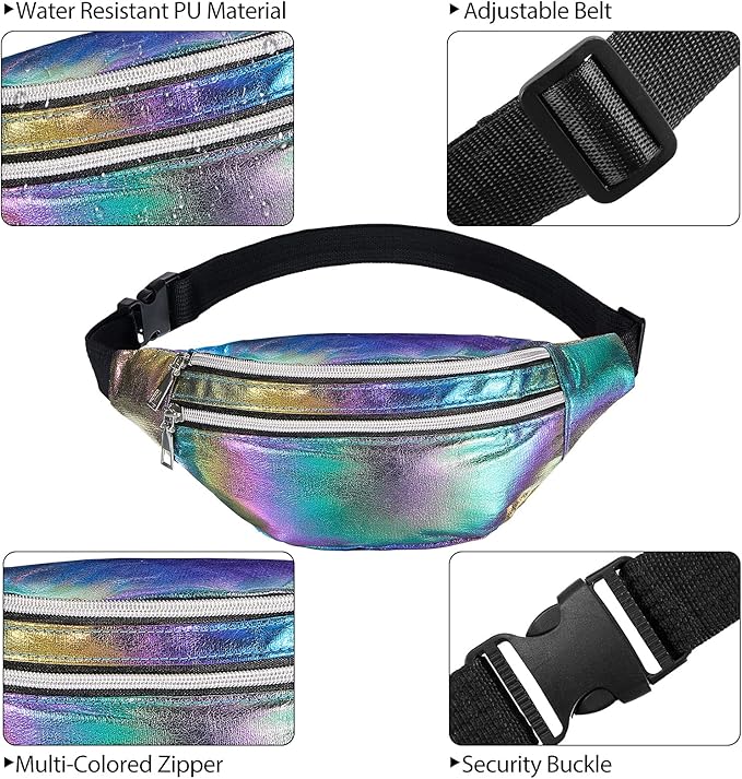 Frienda 2 Pieces Holographic Fanny Pack for Women Colorful Sport Waist Bag Pack