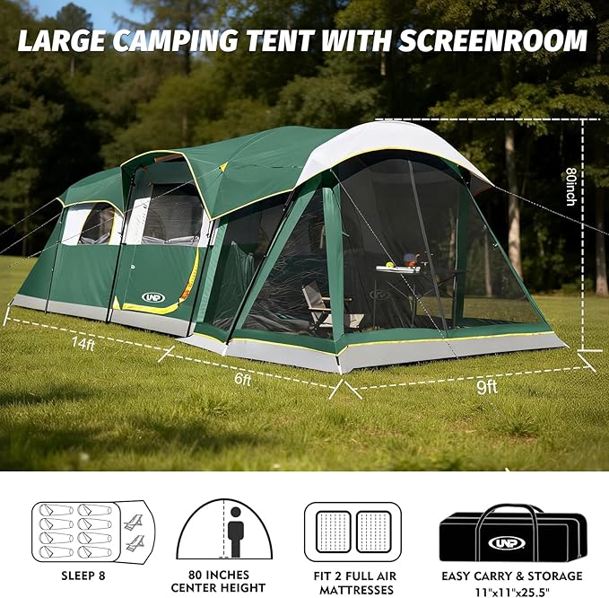 UNP Camping Tent 8 Person Waterproof Big Tunnel Tent with Screen Porch,Family Outdoor Large Tents for Camping 20' x 9' x 80in(H)