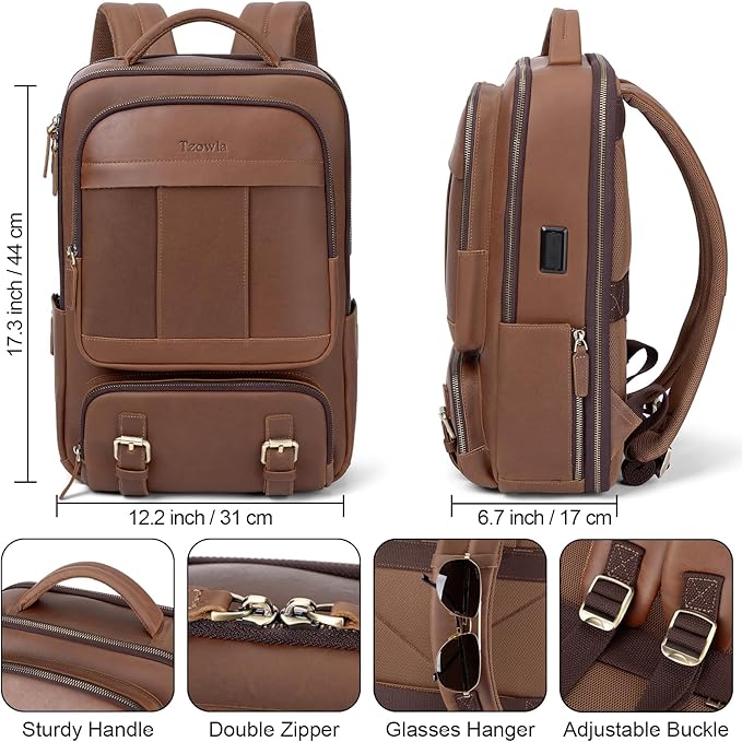 Tzowla Leather Laptop Backpack, Bag for Men and Women,Business Travel Work Rucksack Fits 15.6 Inch Laptop, Vintage Bookbag