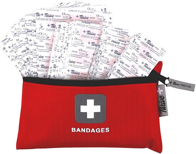 Thrive Fabric Adhesive Bandages Variety Pack - Zipper Pouch for Travel First Aid Kit - Waterproof & Latex-Free for Camping First Aid Kit - Multi-Size Strips for Medkit - Pack of 305, Red