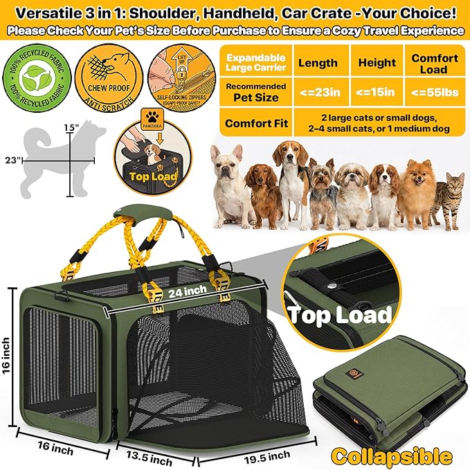 PAWZIDEA Large Pet Carrier Expandable, 24"×16"×16" Soft-Sided Cat Carrier for 2–4 Cats up 55lb, Portable & Collapsible Small Medium Dog Travel Crate for Car, XL Storage Pocket, ID Card, Shoulder Strap