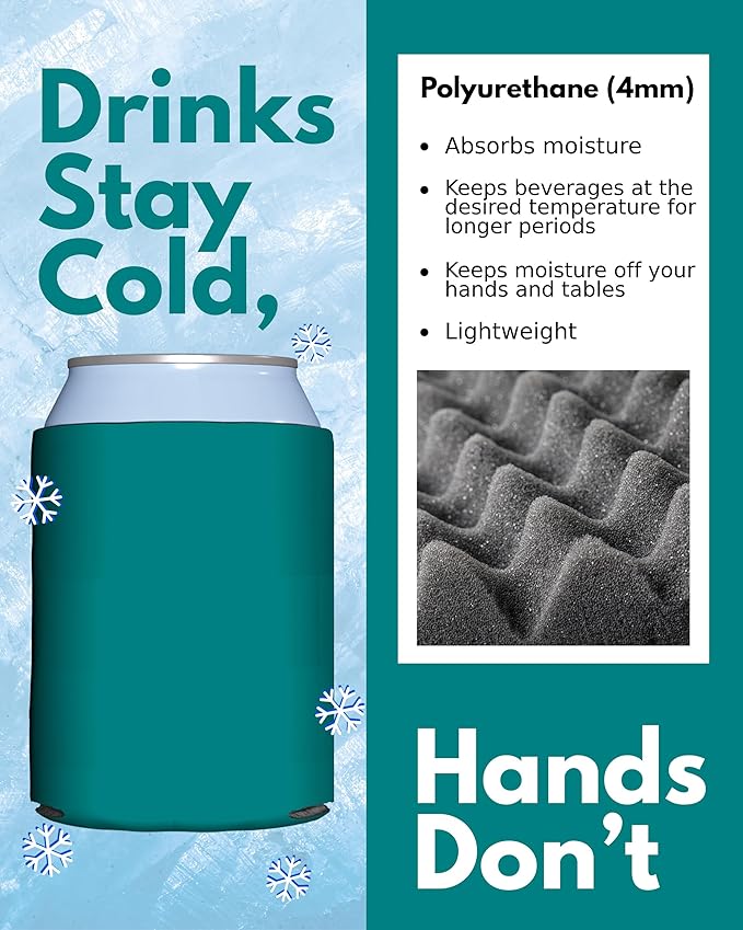 PartyPrints 100 Pack Teal Blank Can Cooler Sleeves, Customizable Bulk Insulated Foam for Beer, Collapsible Plain Drink Holder, Cold Soda Insulator, 12oz Regular, 16oz Tall Cans