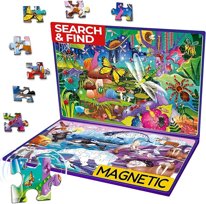 QUOKKA Magnetic Puzzles for Kids Ages 4-6 – 100 PCS Magnetic Puzzle Book for Toddlers 3-5 – 2 Puzzles & 2 Spot The Difference Maps – Search & Find Travel Games – Activity Book Bugs & Polar Animals