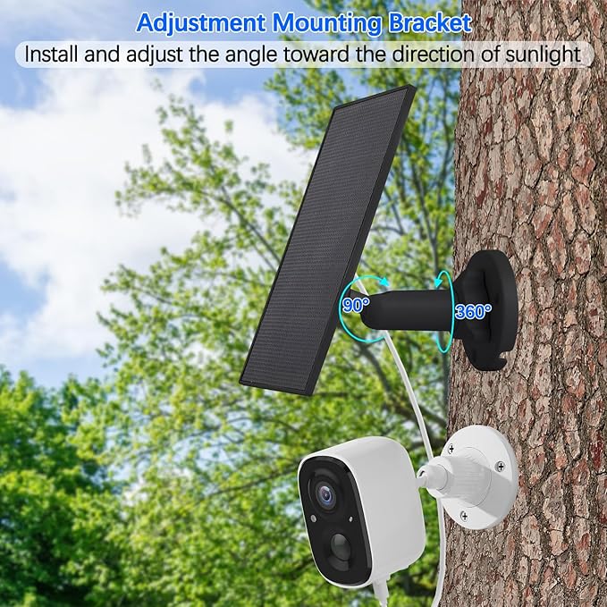 7W Solar Panels for Smart Security Camera, Solar Panel with Micro USB & USB-C Port for DC 5V Outdoor Rechargeable Battery Camera, IP65 Waterproof, 360° Adjustable Security Mount, Black