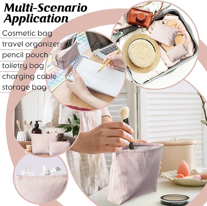 Huhumy 2 Pcs Makeup Bag Set Cute Cosmetic Pouch for Women Seersucker Travel Toiletry Bag Preppy Small Makeup Purse Pouch Aesthetic Skincare Brushes Storage Organizer for Valentine Women(Khaki)