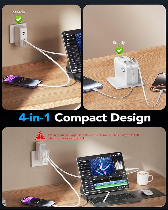 Retractable USB C Charger Wall Plug with 35.5in/90cm Type C Cables Cords,40W Fast Charging Foldable Block Multi Charger for All Devices for iPhone 17/16/15/14/13/12,iPad,Galaxy,Pixel