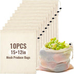 10 Pcs 15 x 12 in Reusable Produce Bags Grocery Washable, Cotton Mesh Produce Bags Plastic Free, Drawstring Closure, Double-stitched Organic Cotton Mesh Grocery Bag for Vegetables Fruit Onions