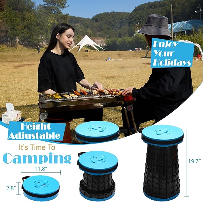 Spisces Upgraded Collapsible Stool with Cushion, 1000 lbs Capacity & 19.7-in High, Wider & Taller Heavy Duty Portable Telescoping Foldable Seat for Adults Camping, Travel, Music Festivals, Outdoors