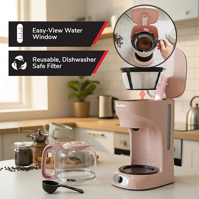 MUELLER HOME 12-Cup Pink Coffee Maker - Borosilicate Carafe, Auto-Off, Pink Kitchen Accessories, Reusable Filter, Anti-Drip, Kitchen Appliances, Keep-Warm Function