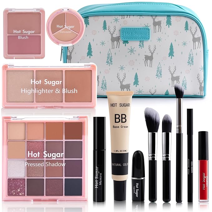 Hot Sugar Travel Makeup Kit All in One, Makeup Kit for Women Full Kit, Makeup Gift Set for Beginners and Professionals with Cosmetic Bag (Blue)