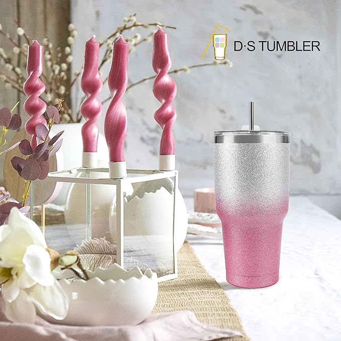 D·S 30 oz Tumbler Pink Glitter Gradient Cup Stainless Steel Double Wall Vacuum Insulated Mug with Straw and Lid, Cleaning Brush for Cold and Hot Beverages