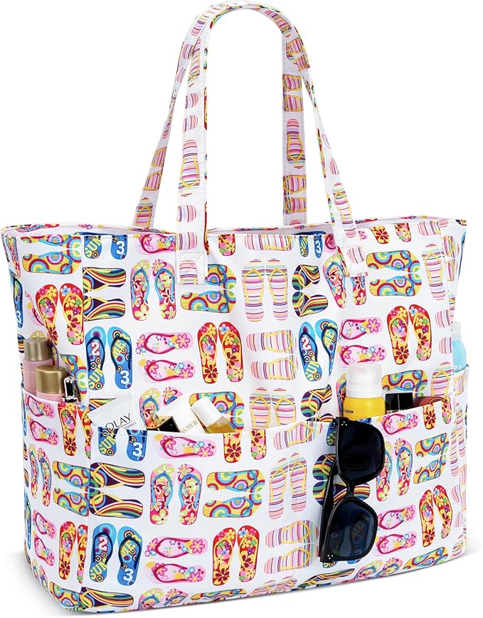Iioscre Beach Bag for Women, Causal Hobo Pool Bags with Zipper Inner Pocket, Foldable Swim Tote Bag for Vacation Essentials