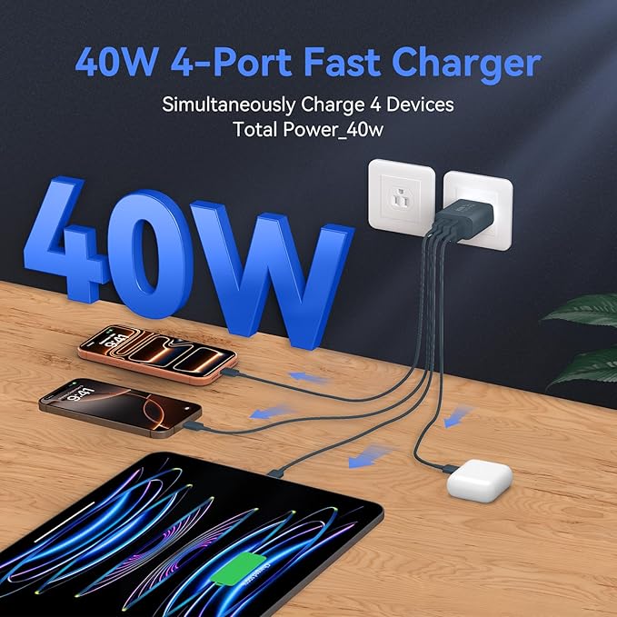 USB C Wall Fast Charger Block, 40W 4-Port Type C Charger Fast Charging Blocks PD Power Charger Adapter+QC 3.0 USB Multiport Charger Brick for Phone 17/16/15/14/13/12 Pro Max, Pad, GalaxyS25-Navy Blue