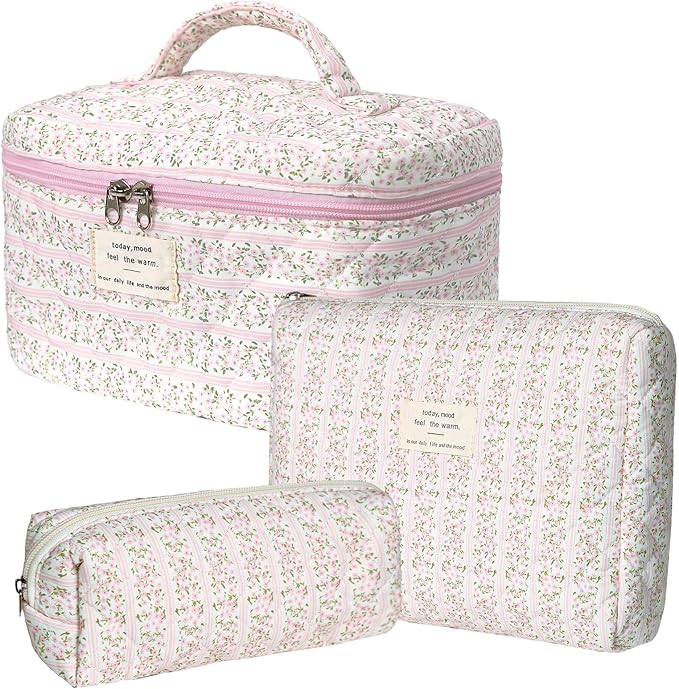 Gosect Makeup Bag Set, Portable Travel Make up Bag, Large Capacity Quilted Cosmetic Organizer Bag, Cute Floral Toiletry Bag for Women Girls (Pink Flower)