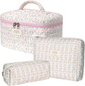 Gosect Makeup Bag Set, Portable Travel Make up Bag, Large Capacity Quilted Cosmetic Organizer Bag, Cute Floral Toiletry Bag for Women Girls (Pink Flower)