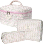 Gosect Makeup Bag Set, Portable Travel Make up Bag, Large Capacity Quilted Cosmetic Organizer Bag, Cute Floral Toiletry Bag for Women Girls (Pink Flower)