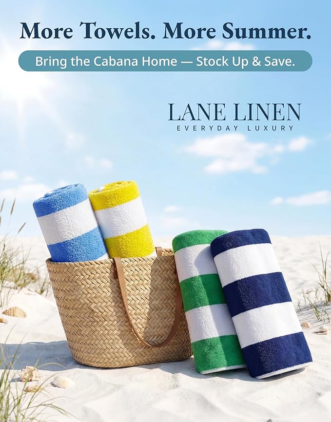 LANE LINEN Beach Towels 4 Pack - 520 GSM 100% Cotton Pool Towel for Adults – 30"x60" Beach Towels Oversized, Thick & Highly Absorbent - Super Soft & Quick Dry Cabana Stripe Large Towel Set - Suncrest