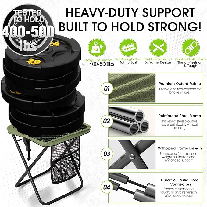 CAMDOOR Portable Collapsible Stool, 16″Folding Stool with 3 Side Pockets and Shoulder Strap, Extra Large Camping Chair Supports 400 lbs, Ultralight Portable Seat for Outdoor, Hiking, Fishing (Green)