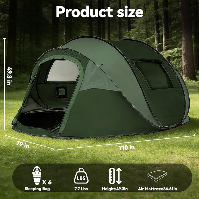 Instant Pop Up Tents for Camping, 4/6 Person Easy Pop Up Camping Tents,Automatic Set Up Tent in 3 Seconds,Waterproof Sunshade Family Tent,Lightweight Dome Tent for Outdoor Camping,Hiking & Beach