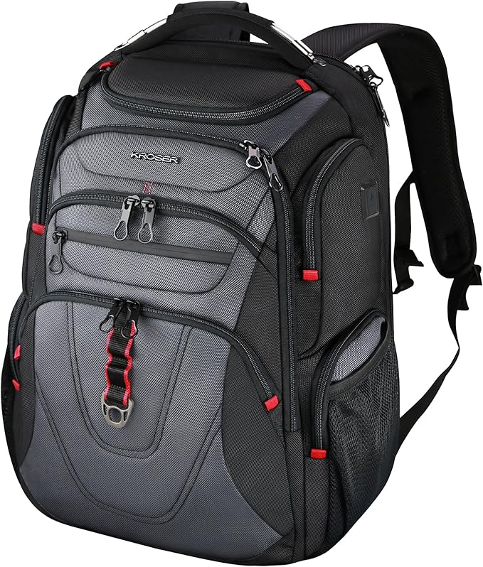 KROSER TSA Friendly Travel Laptop Backpack 17.3 inch XXXL Gaming Backpack Water-Repellent College Daypack Business Backpack with RFID Pockets & USB Port for Men/Women-Black/Grey