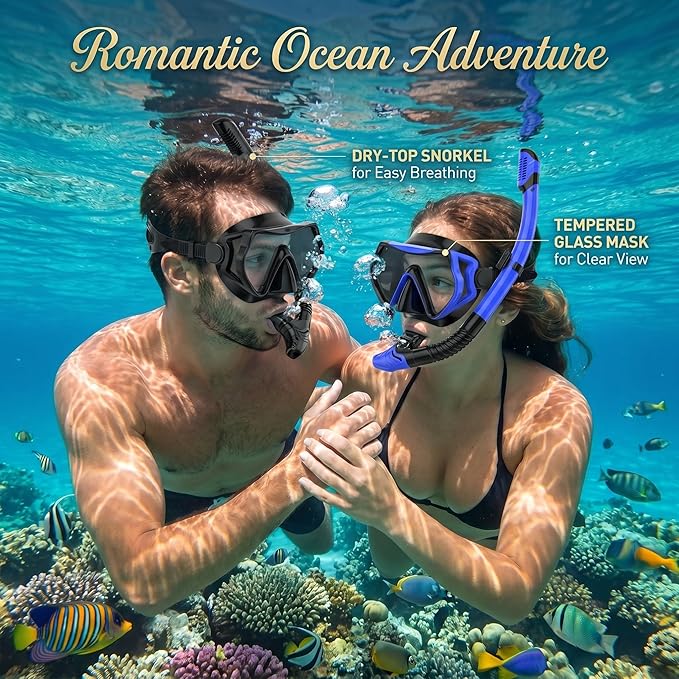 Snorkeling Gear for Adults, JRing Snorkel Mask Set with 180 Degree Tempered Glass Anti Fog Goggles Scuba Dry Top Snorkel for Swimming, Scuba Diving Mask for Men Women
