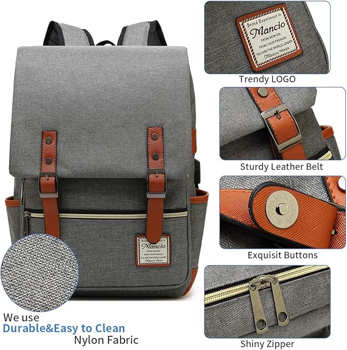 Mancio Slim Vintage Laptop Backpack For women,Men For Travel, College, Dayparks, Fits up to 15.6Inch Notebook in Grey