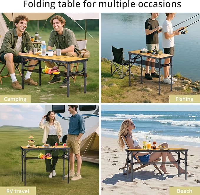 Anbte 3ft Camping Table Foldable with Storage Net and Bag, 3 Adjustable Heights High 27.5" Aluminum Camping Table Portable, for Outdoor Indoor Backyard BBQ Cooking Party Picnic Beach, Light Oak Grain