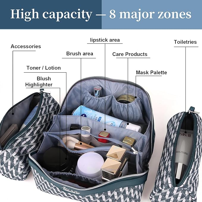 BOYATU Travel Makeup Bags for Women: Large Capacity Cosmetic Bag Set of 3 - Vegan Leather Make up Bags with Compartments - Wide Open Waterproof Toiletry Organizer Bag with Handle (P-01-Royal blue)