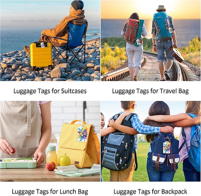 Luggage Tags for Suitcases, 2 Pack Cute PU Leather Luggage Tag TSA Approved with Stainless Steel Loop and Address Card Baggage Tag for Travel&Cruise Ships&Shipping Vibrant Butterflies, by Chelmon