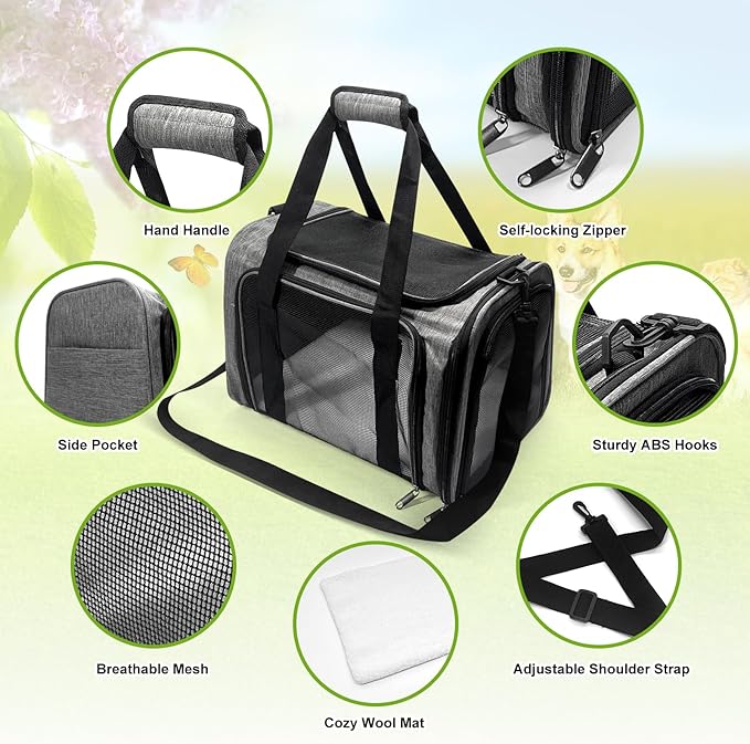 Pet Carrier for Small Dogs Cats, Up to 15Lbs, Airline Approved Collapsible Travel Puppy Carrier, 17x11x11 Inches, Grey