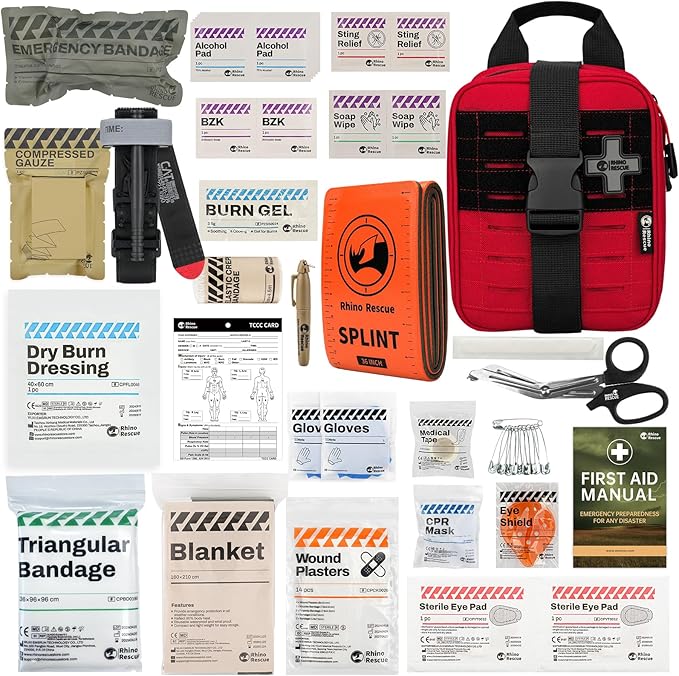 RHINO RESCUE IFAK Trauma Kit with C-A-T Tourniquet for Wound Care, Tactical First Aid Kit Molle Pouch for Military, Combat, Car, Camping, Hiking, Travel (Red)