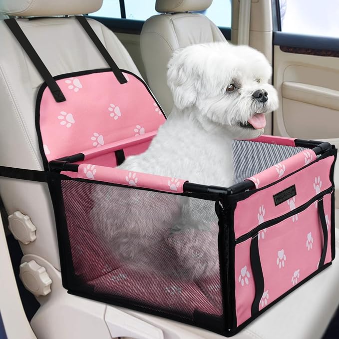 Dog Car Seat Foldable Dog Car Booster Seat Waterproof Breathable Oxford Travel Bag for Small to Medium Dogs, Puppies, and Pets-Footprint Pink-Upgrade