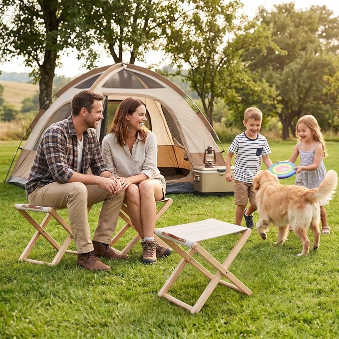 Folding Camping Stools Set of 4, Canvas Folding Stool with Wood Legs Portable Camp Stool Chairs for Outdoor Fishing Picnic Travel BBQ, Beige