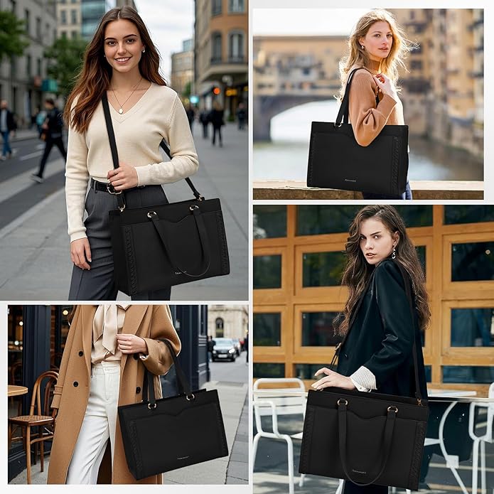 RAINSMORE Laptop Bag for Women 15.6 Inch Work Tote Bag with Detachable Strap & Bow Professional Laptop Tote with Cup Holder