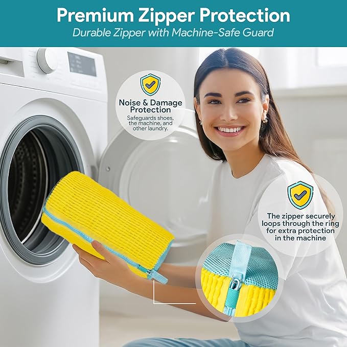 Shoe Washing Machine Bag – 2 Pcs Reusable Laundry Shoe Bag, 360° Deep Cleaning Sneaker Washing Bag, Durable Mesh Net with Zipper Protection, Fits All Shoe Types & Sizes (Yellow, 14.8 × 7.4 Inches)