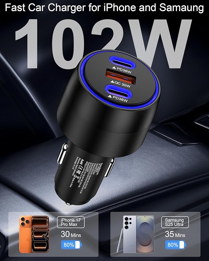 USB C Car Charger, 3-Port Super Fast Charging Cigarette Lighter Adapter for iPhone 17e Pro/Air/16/15/14/13/iPad, USBA & USBC Multiport Car Phone Charger Accessories for Samsung S26/S25/S24 FE/S23/S22