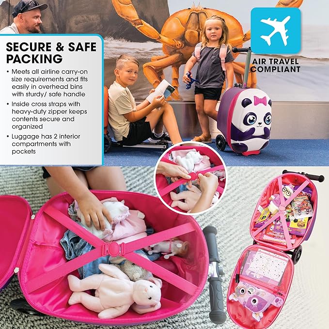 KIDDIETOTES Ride-On Scooter Suitcase for Kids – Hardside Lightweight Carry-On Luggage with Foldable Scooter, LED Wheels, Travel Fun for Toddlers & Children