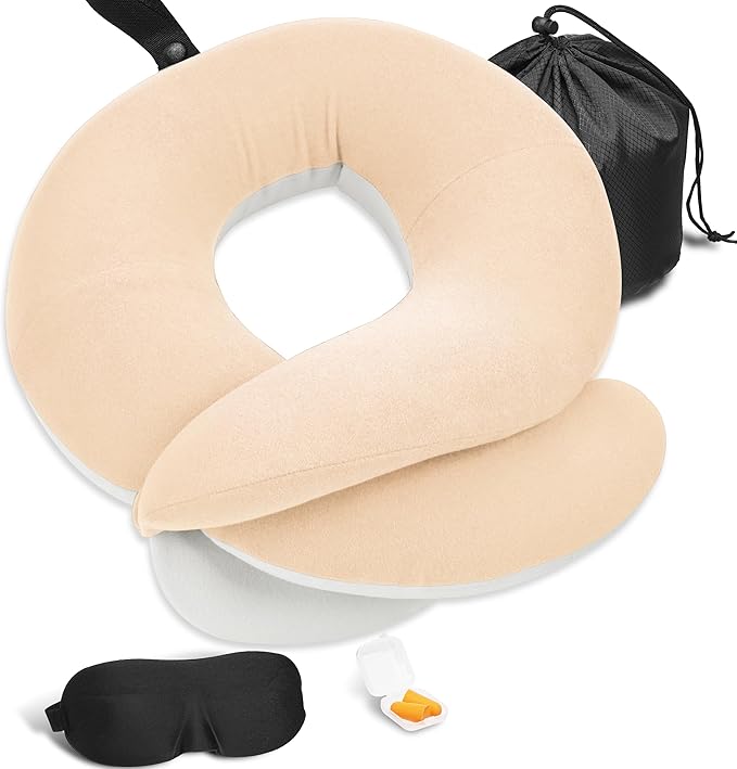 BUYUE Travel Neck Pillows for Airplanes, Memory Foam 360° Head Support Sleep for Long Flight, Skin-Friendly & Breathable, Kit with Eye Mask, Earplugs and Storage Bag (Adult, Beige, 90+ lbs)