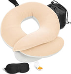 BUYUE Travel Neck Pillows for Airplanes, Memory Foam 360° Head Support Sleep for Long Flight, Skin-Friendly & Breathable, Kit with Eye Mask, Earplugs and Storage Bag (Adult, Beige, 90+ lbs)