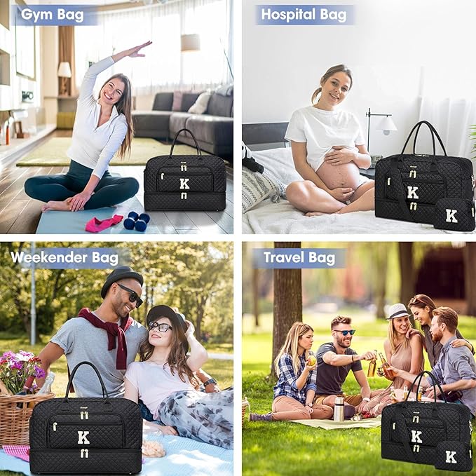 Initial Travel Duffle Bag for Women - Black Personalized Weekender bags Overnight Bag with Shoe Compartment & Wet Pocket Weekend Tote Bags with Toiletry Bag Monogram Christmas Gift (Letter K)