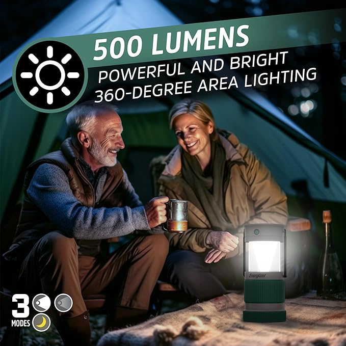 Energizer S-500 Hybrid Power Camping Lantern, Solar, Rechargeable, or AA Battery Powered, IPX4 Water Resistant Bright LED Lantern