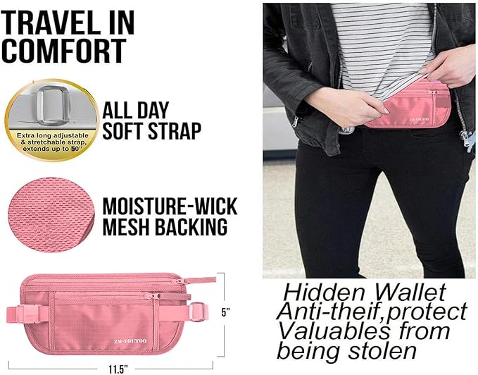 Money Belt for Travel - Hidden Travel Pouch Protect Your Credit and Money With RFID Blocking Passport Holder Waist Wallet (Pink)