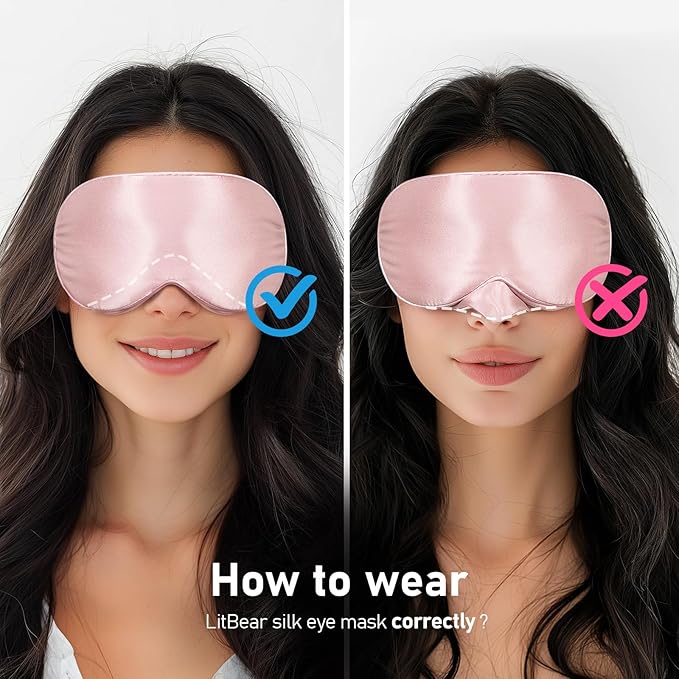 LitBear 100% 22 Momme Mulberry Silk Sleep Mask - 3D Contoured Eye Mask for Men Women, Soft Breathable Sleeping Mask with Adjustable Strap, Perfect Blocks Light for Sleeping (Light Pink)