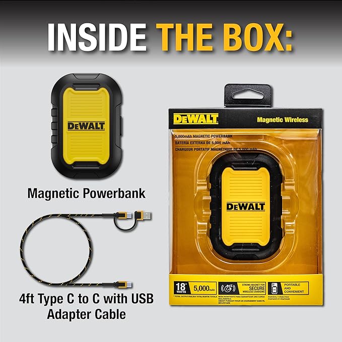 DEWALT Magnetic Power Bank 5,000mAh and 49.5W USB & USB C Wall Charger, Power Delivery