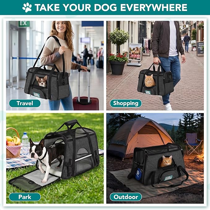 PetAmi Airline Approved Pet Carrier for Cats & Small Dogs, Soft Sided TSA Travel Carrier Bag with Sherpa Bed, Breathable Mesh Ventilation, Collapsible Bowl, Up to 18 lbs, Large Heather Dark Gray