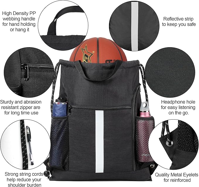 BeeGreen Mix-Black-Drawstring-Backpack-Bag, Large String Sack with Shoe Compartment and Two Side Mesh Pockets Lightweight Sturdy For Gym