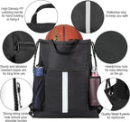 BeeGreen Mix-Black-Drawstring-Backpack-Bag, Large String Sack with Shoe Compartment and Two Side Mesh Pockets Lightweight Sturdy For Gym